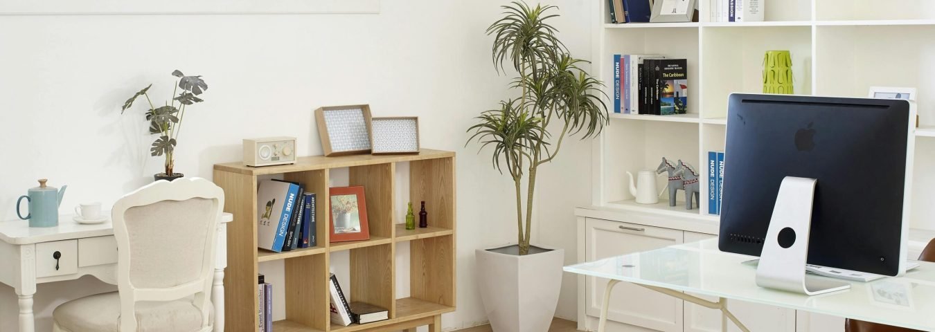 Contemporary home office setup with natural light, featuring modern decor, desk, computer, and bookshelves.